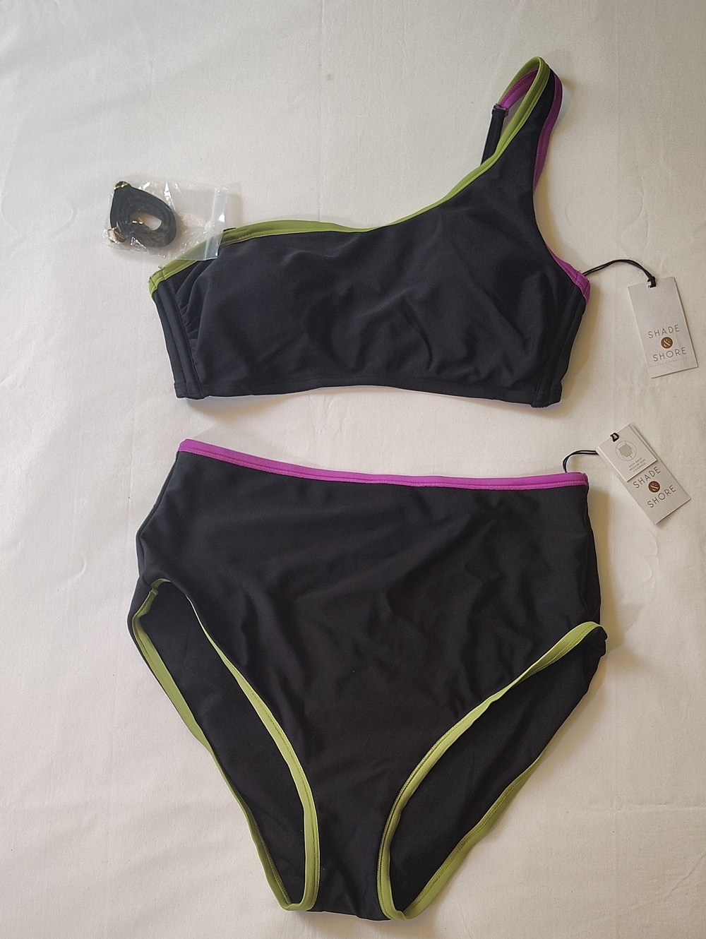 Shade & Shore Black One-Shoulder Bikini with Green, Purple Trim High Waisted Med